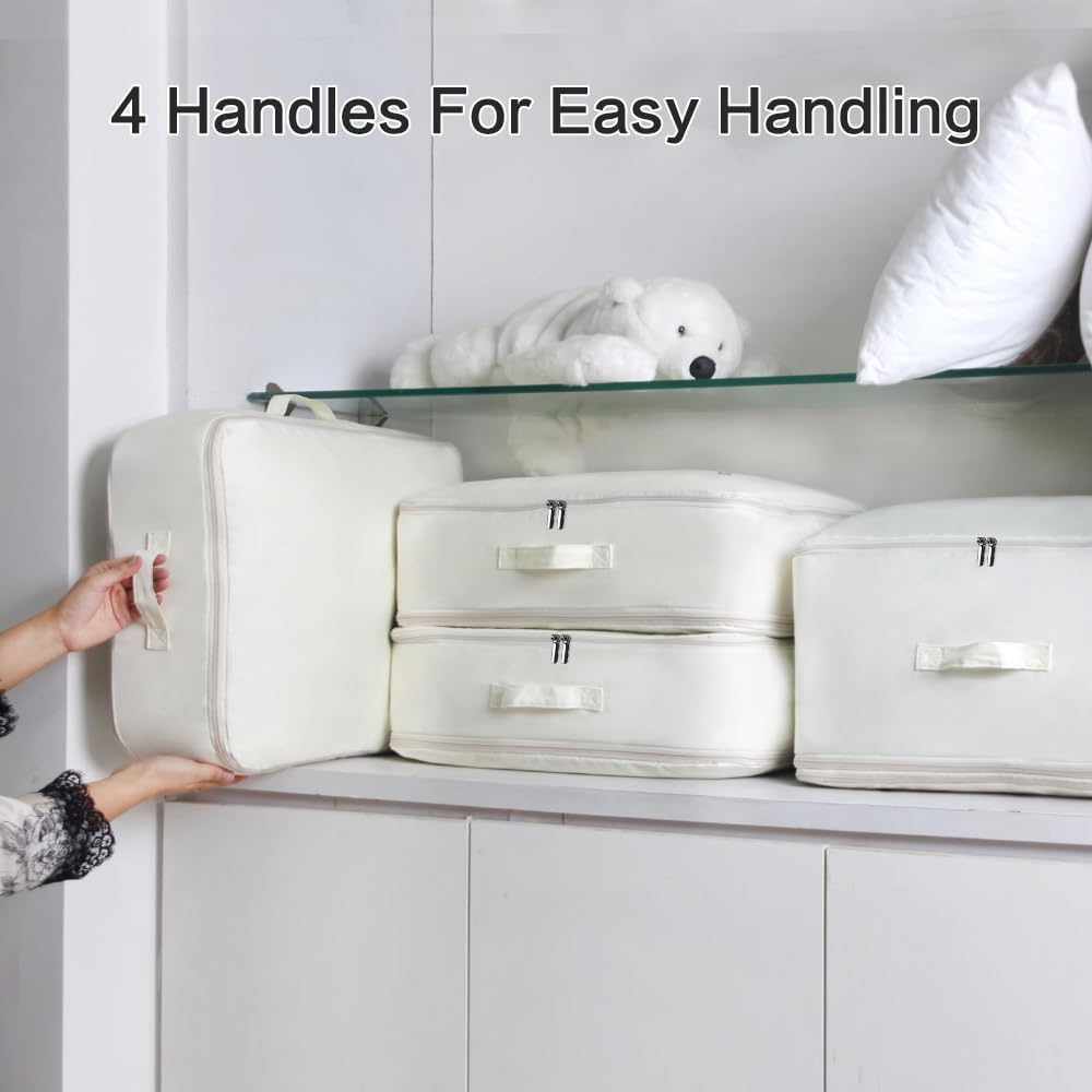 Ultra Space Saving Self Compression Storage Bags with Zipper, (Beige) -Compression Organize for Bedding, Comforter Storage Bag for Blankets Duvet Quilts Pillows