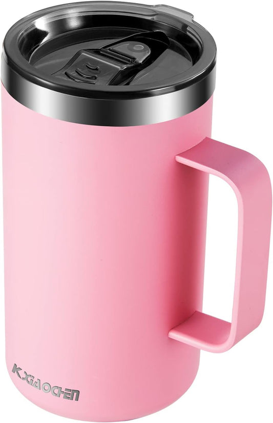 KXIAOCHEN 20oz Insulated Coffee Mug with Lid, Stainless Steel Coffee Cup, Double Wall Vacuum Coffee Tumbler with Handle, Premium Thermal Travel Coffee Mug (Pink)