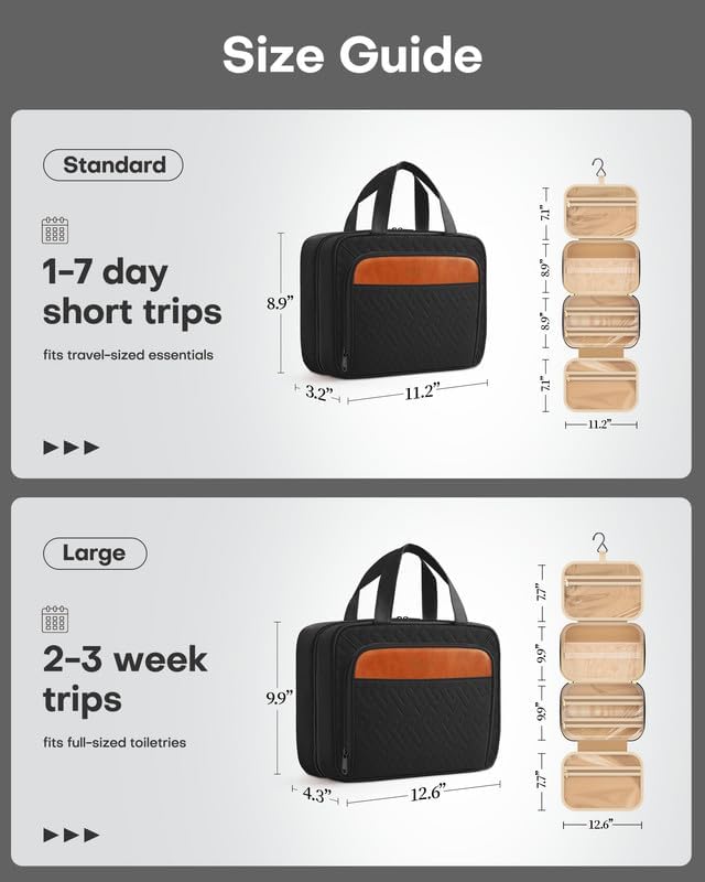 HOTOR Travel Toiletry Bag for Women & Men, Waterproof Makeup Bag with Hanging Hook and Multiple Pockets, Cosmetic Bags for Women, Travel Essentials, 11.2'' x 3.2'' x 8.9'', Black & Brown