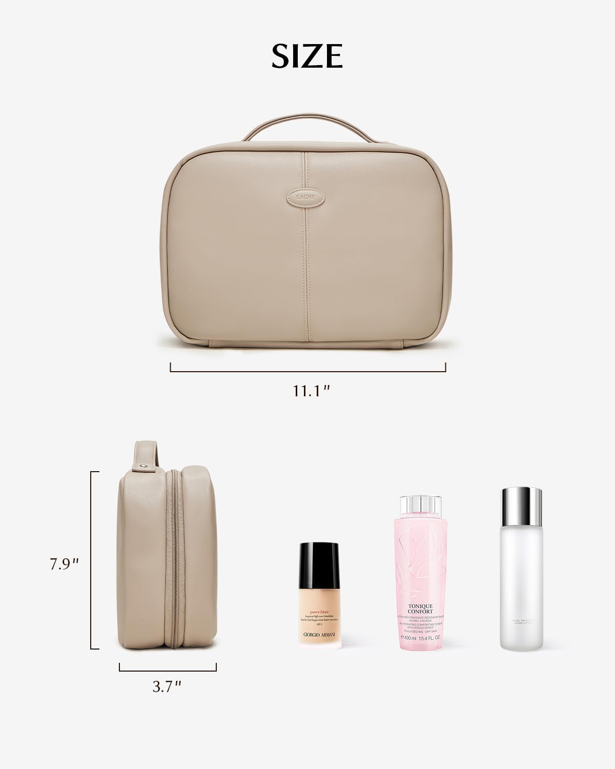 EACHY Toiletry Bag with Hanging Hook, Travel Makeup Bag PU Leather Cosmetic Bags for Women Make Up Organizer with 4 Compartments Waterproof Full-Size Portable Travel Essentials (Trench，Pro)