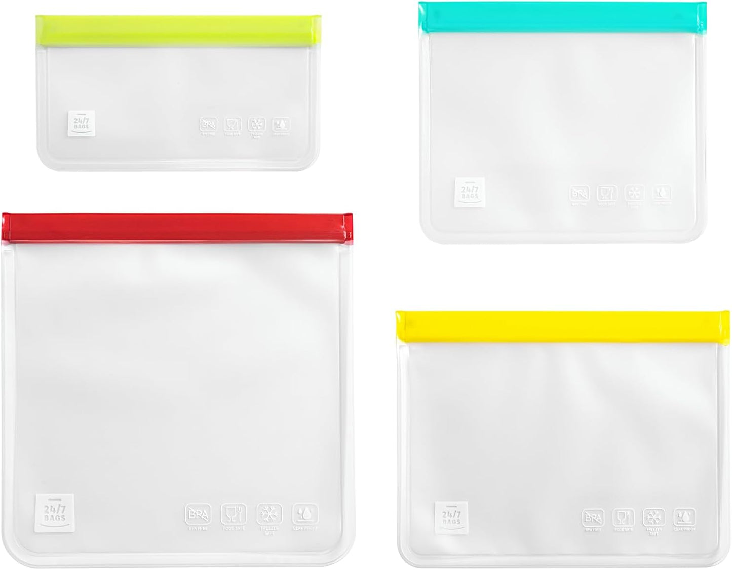 12 Pack Variety Reusable Food Storage Bags, Food Grade Silicone PEVA Material, Double Zipper, Freezer Safe, BPA-Free (4 Snack, 4 Sandwich, 2 Quart, 2 Gallon)