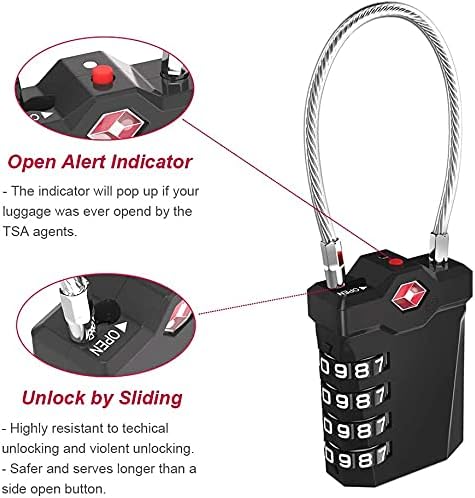 ZHEGE Travel Locks, TSA Approved Locks for Luggage, 4 Digit Cable Lock with Inspection Indicator for Luggage Suitcase, Backpack, Baggage, Easy to Read（4 Pack, Black）