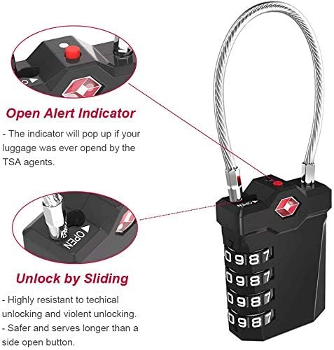 ZHEGE TSA Luggage Locks, Zipper Lock with Inspection Indicator, 4 Digit Cable Lock with 5.5 Inch Flexible Cable for Suitcase, Backpack, Baggage, Gym Locker, Toolbox (2 Pack, Black and Silver)