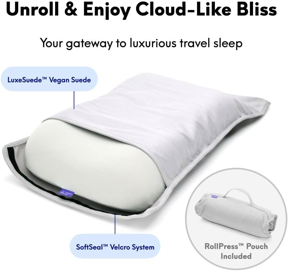 Cushion Lab Travel Deep Sleep Pillow – Compact Memory Foam Neck Pillow for Sleeping, Portable Pillow for Hotels, Camping, Side & Back Sleepers, On-The-Go – Calm Grey