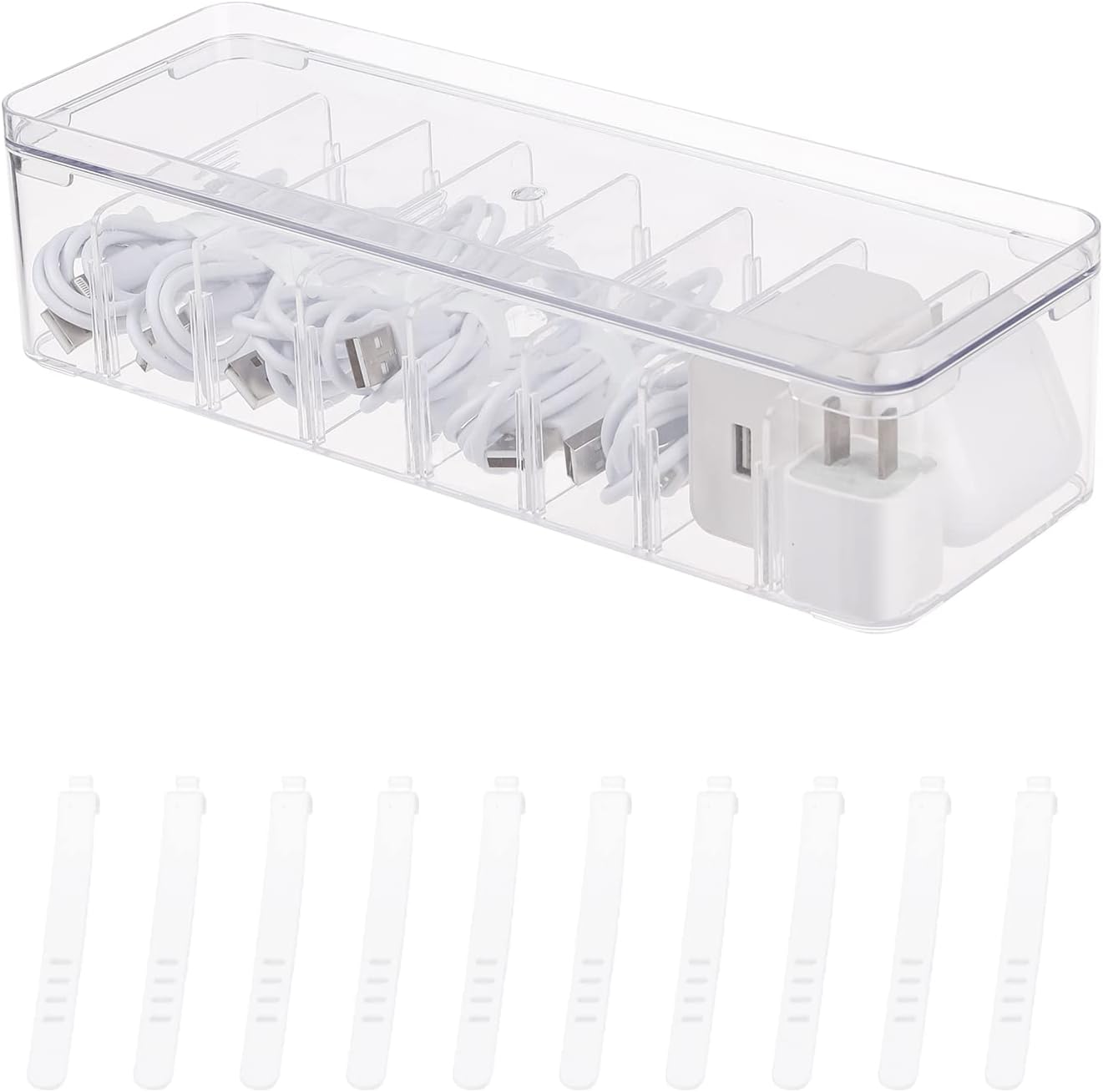 Yesesion Clear Plastic Cable Organizer Box with Adjustment Compartments, Desk Accessories Storage Case with Lid and 10 Wire Ties for Drawer, Office, Art Supply, Electronic Management