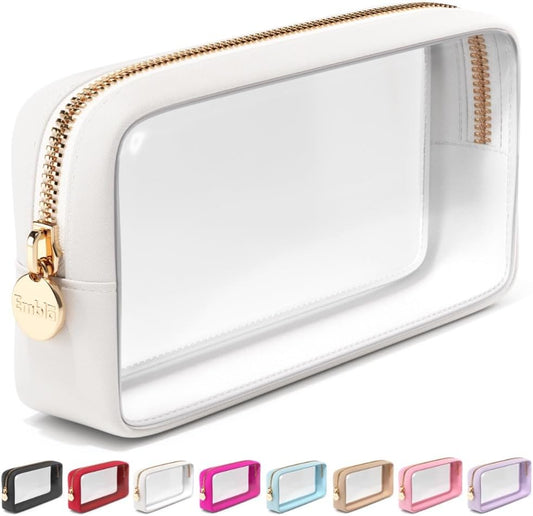 Clear Makeup Bag Zipper Pouch, Transparent Cosmetic Case Organizer, TSA Approved Travel Toiletry Case, Travel Accessories Essentials Makeup Tote for Women, Small Cute Make up Bag for Purse - White