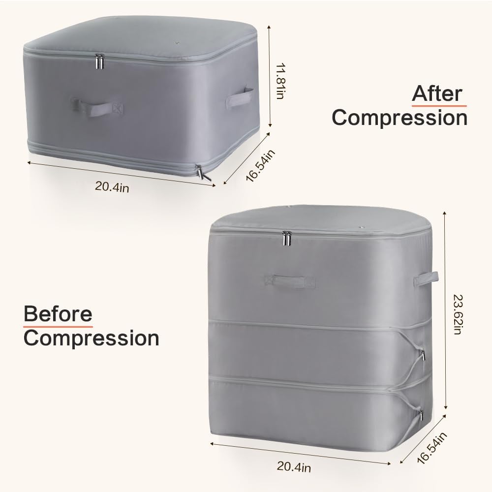 Ultra Space Saving Self Compression Storage Bags with Zipper, （Grey) -Compression Organize for Bedding, Comforter Storage Bag for Blankets Duvet Quilts Pillows