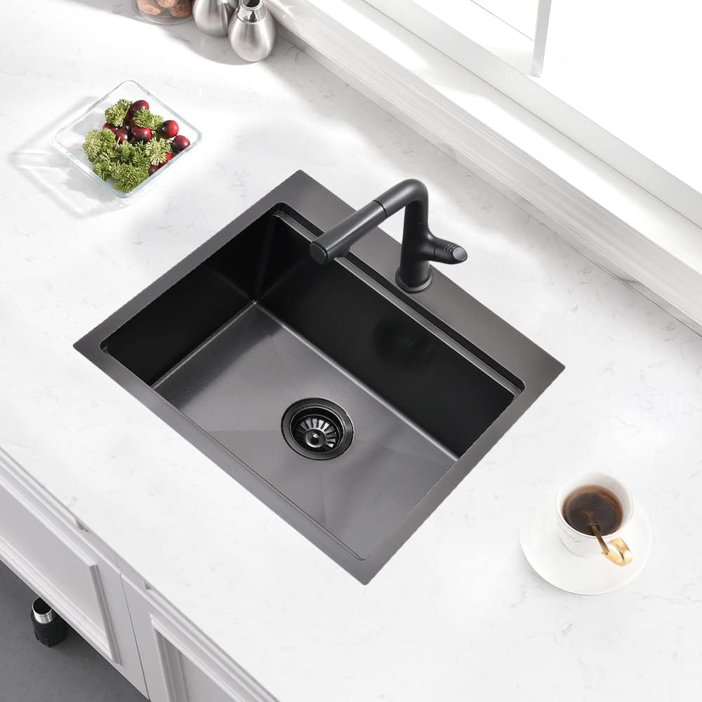 21 Inch Drop In Bar Sink- Bokaiya 21x20 Black Stainless Steel Drop In Wet Bar Outdoor RV Sink Topmount 16 Gauge Single Bowl Kitchen Sinks with Cutting Board