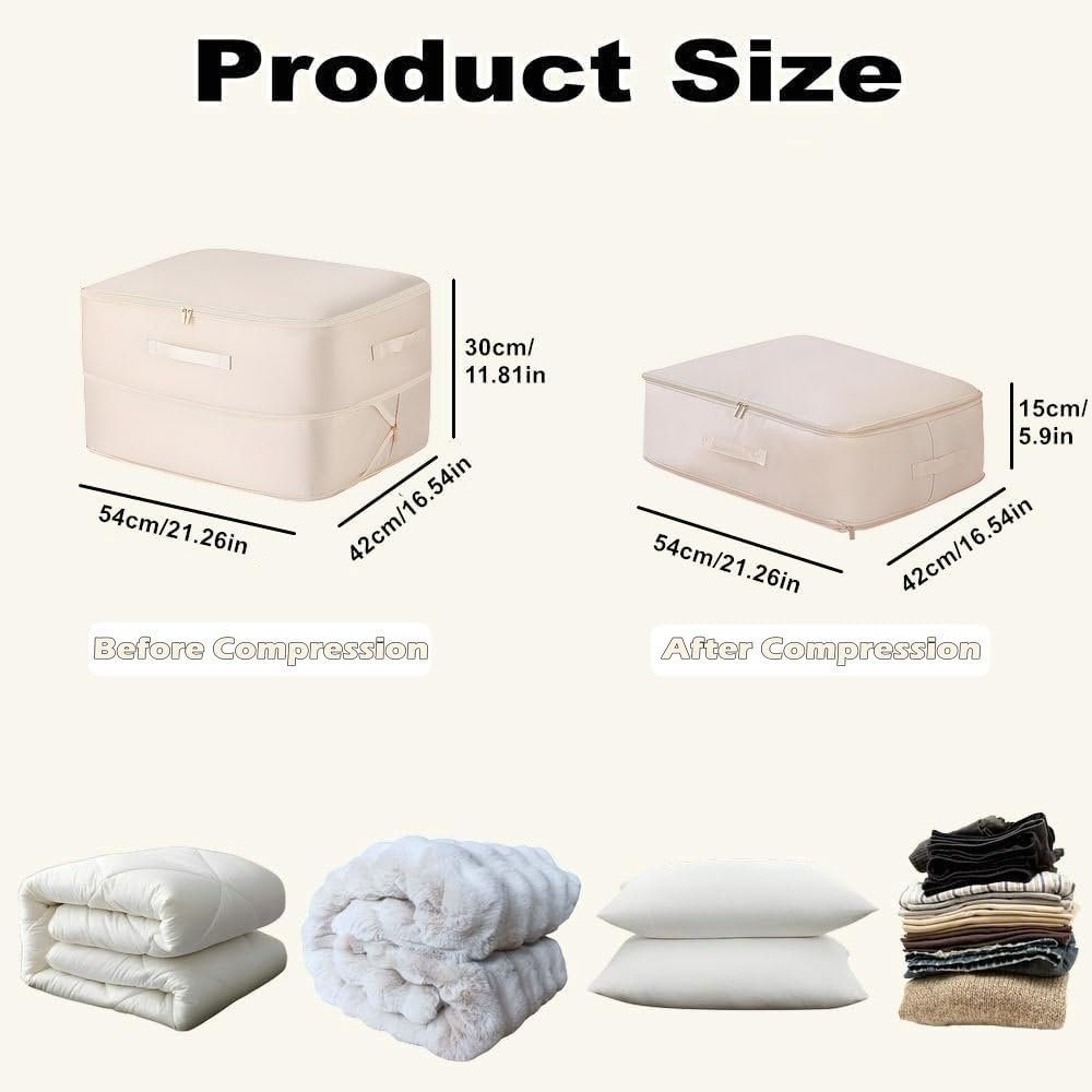 Ultra Space Saving Self Compression Organizer, 2025 New Large Capacity Storage Bag, Thick Satin Fabric Heavy Duty Bags for Comforters Blankets Bedding Duvet (Beige, Large, 21x17x12in)