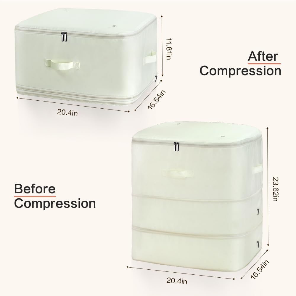 Ultra Space Saving Self Compression Storage Bags with Zipper, (Beige) -Compression Organize for Bedding, Comforter Storage Bag for Blankets Duvet Quilts Pillows