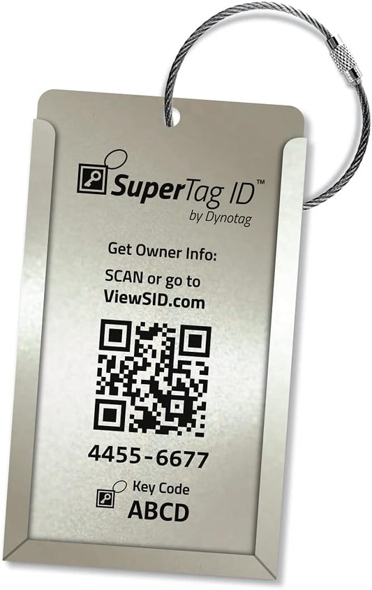 Dynotag® Web Enabled Smart Aluminum Convertible Luggage ID Tag + Braided Steel Loop, with DynoIQ™ & Lifetime Recovery Service (Cool Silver)