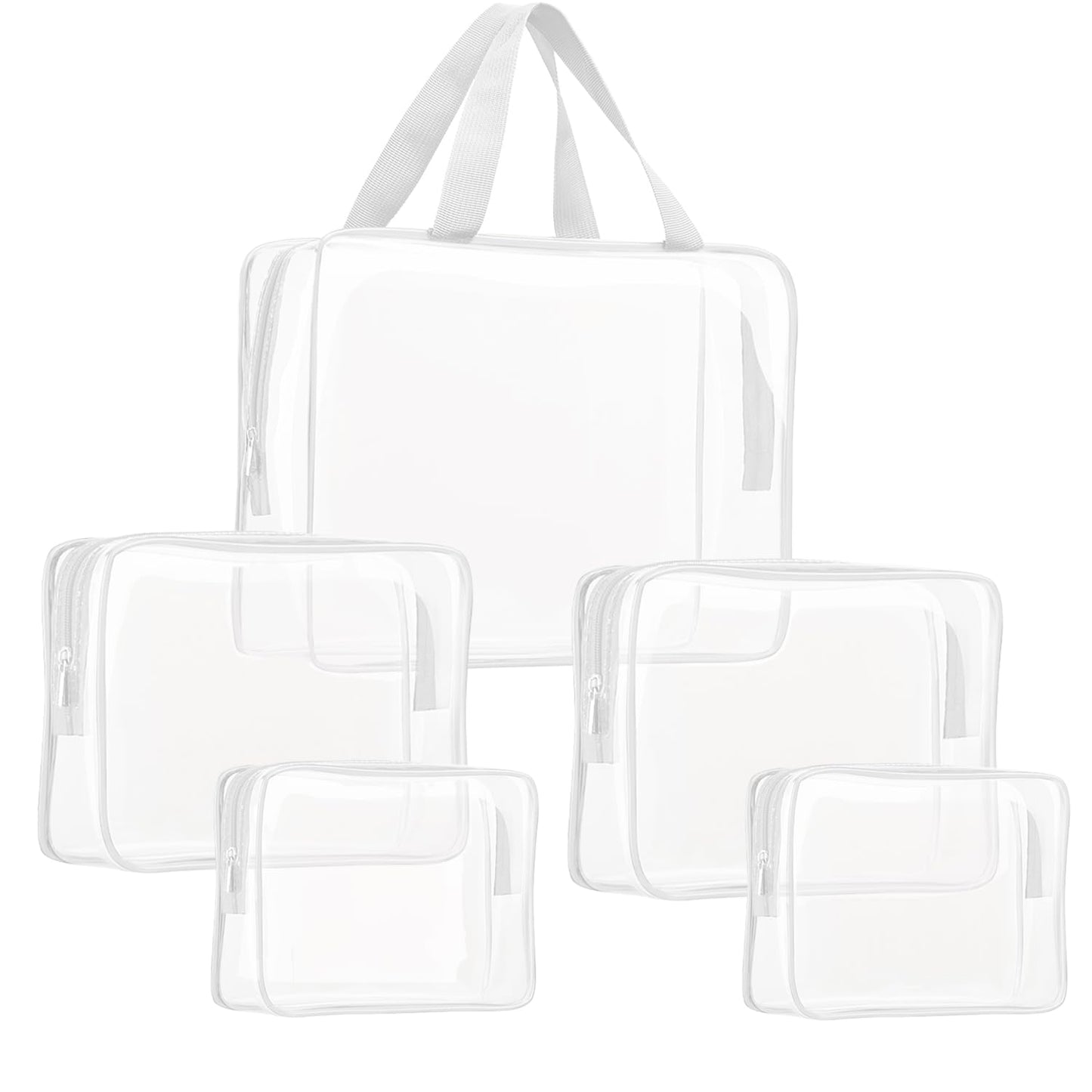 5Pcs Crystal Clear PVC Travel Toiletry Bag Kit for Women Men, Waterproof Vinyl Packing Organizer Storage Bags with Zipper Handle Straps, Cosmetic Pouch Carry on Airport Airline Compliant Bag Handbag