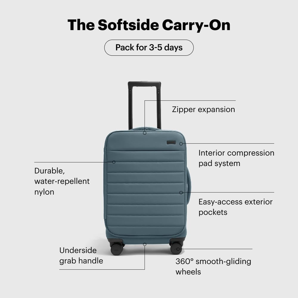 Away Softside Carry-On Suitcase, 22 Inch Lightweight, Expandable High-Strength Nylon Luggage With Spinner Wheels, Meets Requirements for Most Major Airlines, Coast Blue