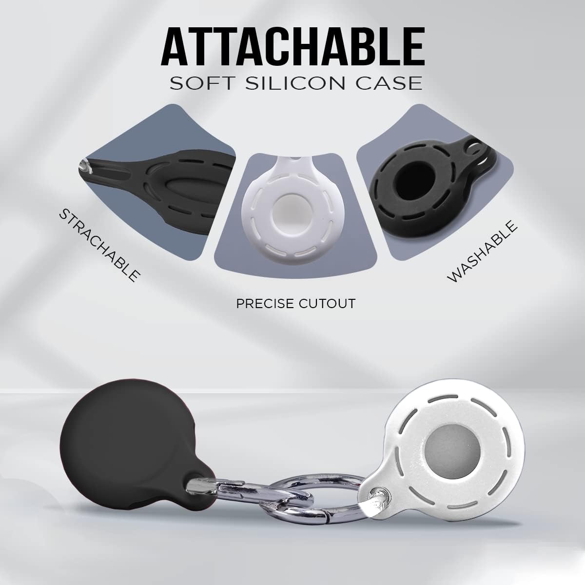 Apple AirTag 4 Pack Shockproof, Dustproof & Washable Cases, Silicon Holders with Accessories for Wallets, Luggage, Pet Collars, Key Finders (Black - White)