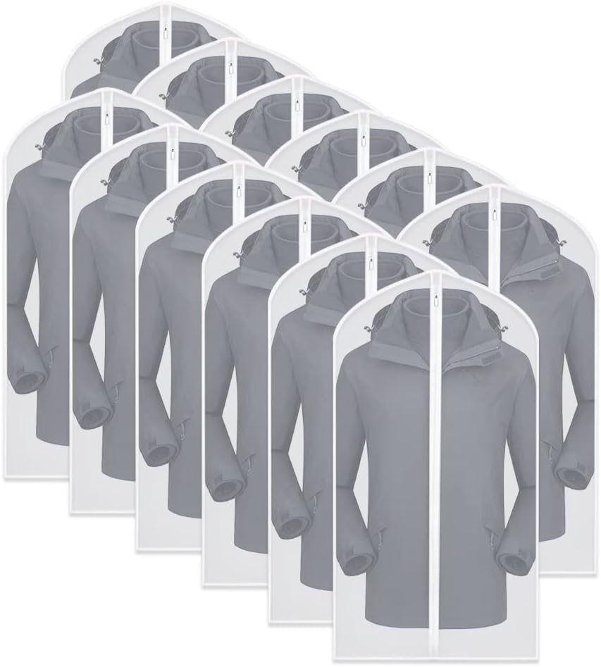 Garment Bags for Hanging Clothes Breathable Suit Bag (Set of 12) Covers with Zip PEVA Clothes Cover Bags Coat Waterproof Dress Cover Bags for Wardrobe Storage and Travel for Suits, Gowns-24'' x 40''