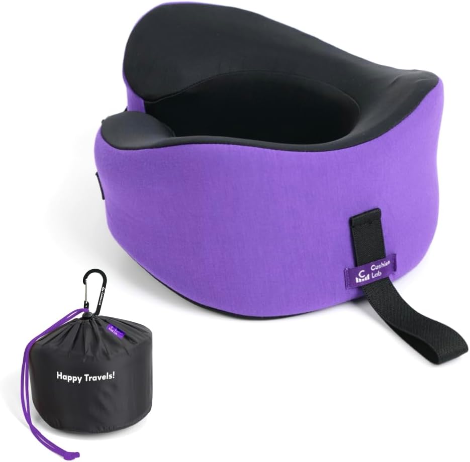 C CUSHION LAB Travel Pillow, Award-Winning Patented Ergonomic Design for Chin & Neck Support Memory Foam Neck Pillow, Compact Airplane Pillow for Traveling, Flight, Car (Royal Purple, Large)
