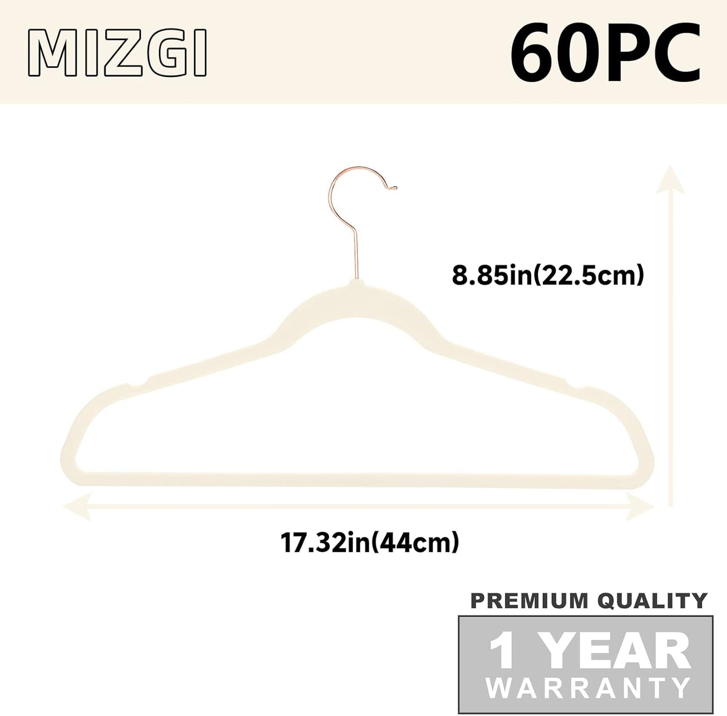 MIZGI Premium Velvet Hangers (60 Pack) Heavy Duty - Non Slip Felt Hangers - Velvet Suit Hanger Ivory - Rose Gold Hooks,Space Saving Clothes Hanger