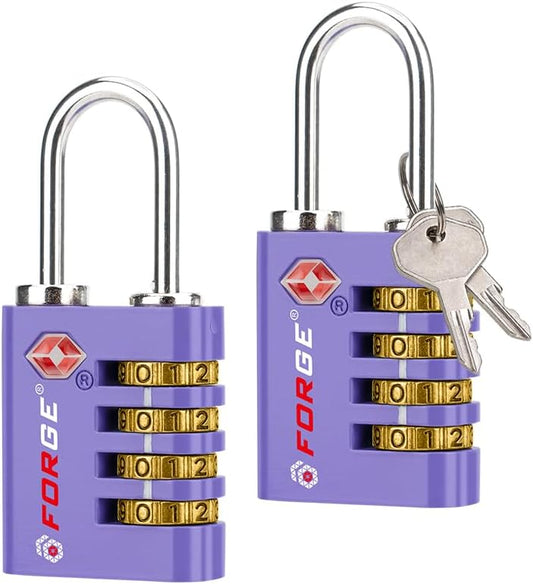 Forge Dual-Opening: Key or Combination Access Lock, TSA Approved Locks for Luggage, Pelican case, Travel, Gym, School, Stainless Steel Shackle. (Purple, 2 Pk)