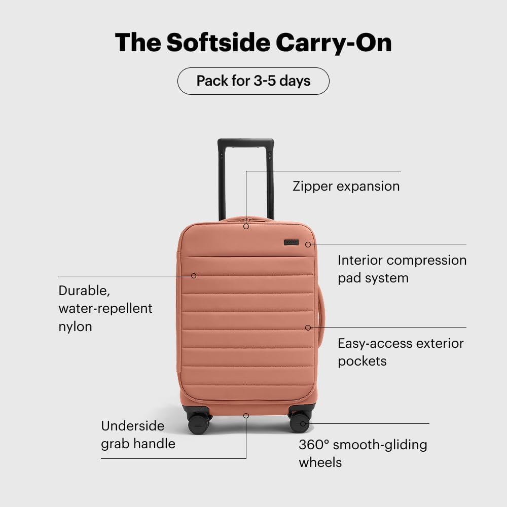 Away Softside Carry-On Suitcase, 22 Inch Lightweight, Expandable High-Strength Nylon Luggage With Spinner Wheels, Meets Requirements for Most Major Airlines, Clay Pink