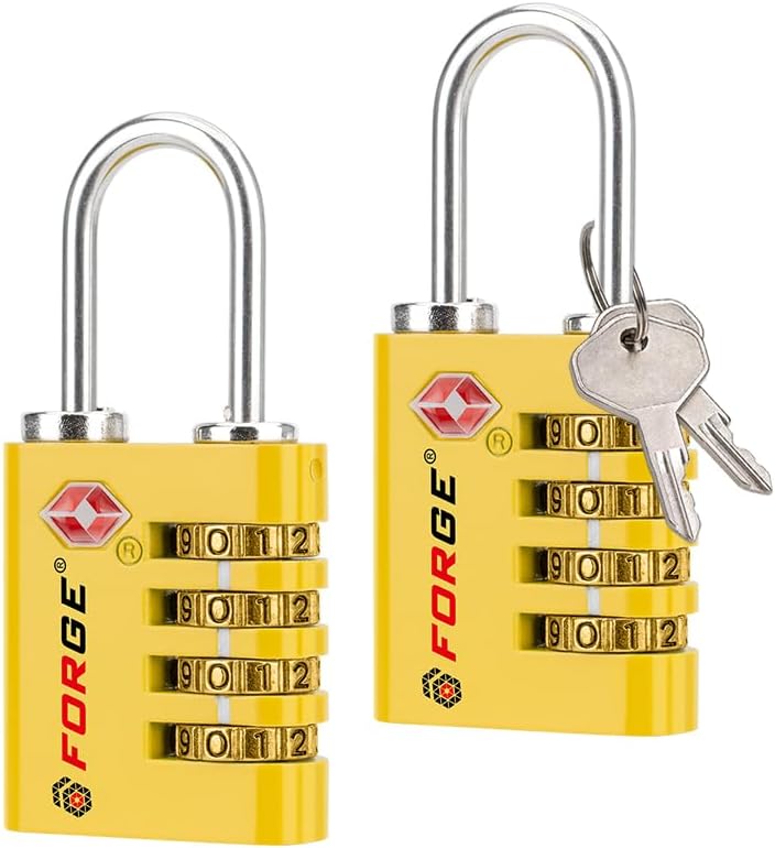Forge Dual-Opening: Key or Combination Access Lock, TSA Approved Locks for Luggage, Pelican case, Travel, Gym, School, Stainless Steel Shackle.(Yellow 2 Locks)