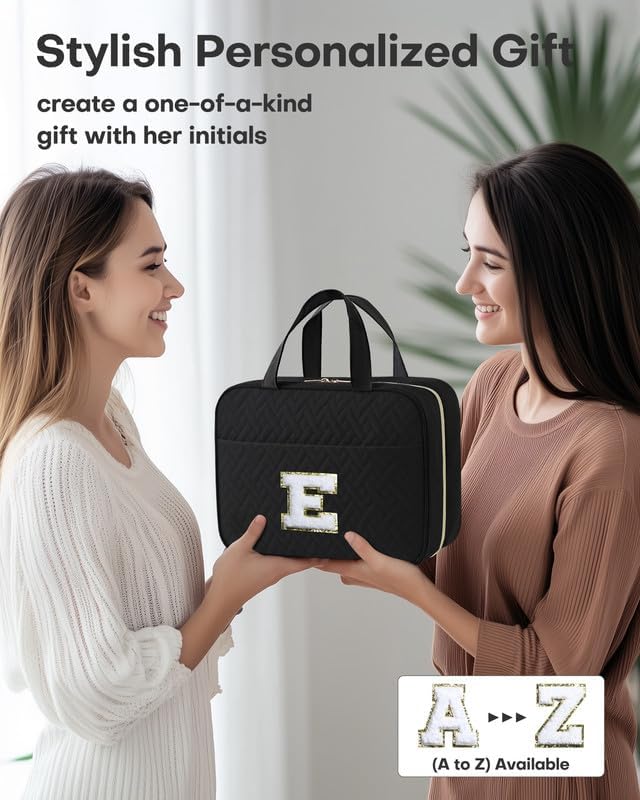 HOTOR Travel Toiletry Bag - Personalized Chenille Initial Makeup Bag, Water-Resistant Personalized Gifts for Women, Portable Travel Accessories & Essentials, Letter E, Black, 11.4"×9.0"×3.35"