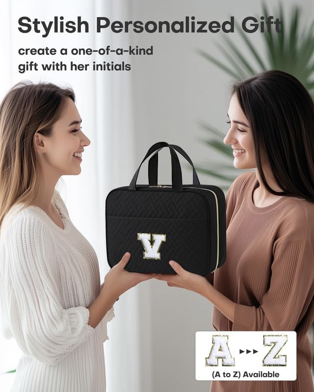 HOTOR Travel Toiletry Bag - Personalized Chenille Initial Makeup Bag, Water-Resistant Personalized Gifts for Women, Portable Travel Accessories & Essentials, Letter V, Black, 11.4"×9.0"×3.35"