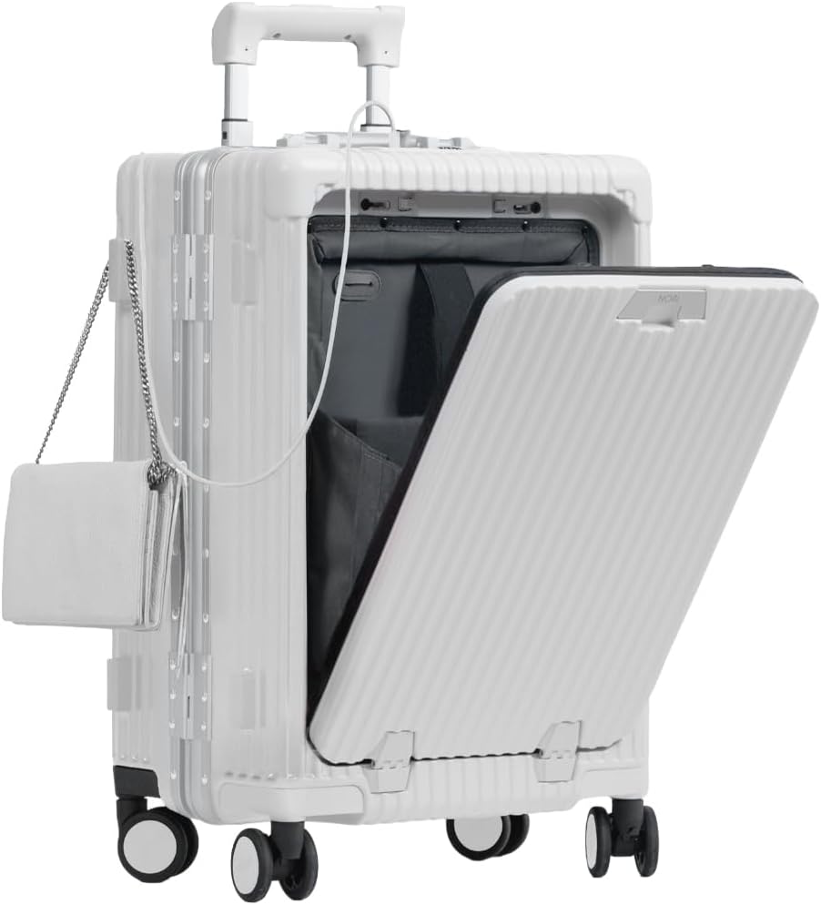 Nobl Travel Carry On Luggage, Noble Zipperless Aluminum Frame PC Hard Shell Suitcase, 22.5x15x9.5 Airline Approved, 360° Spinner Wheels, TSA Locks, USB Charging Port, Cup & Phone Holder - White