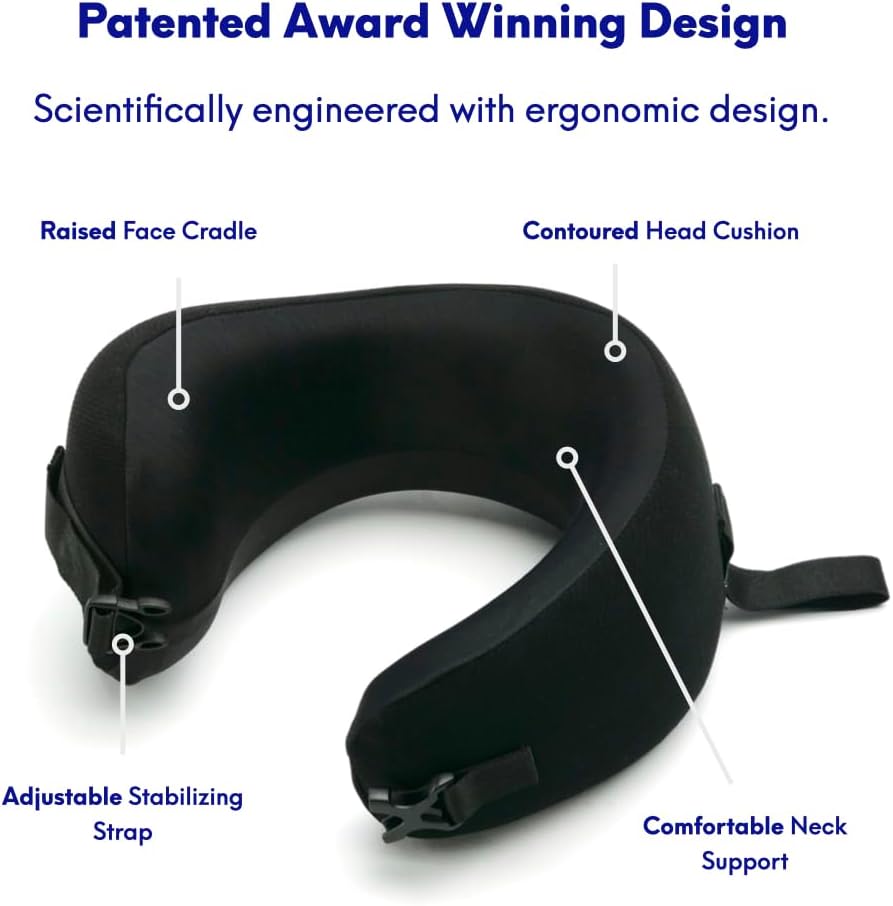 C CUSHION LAB Extra Support Travel Pillow, Award-Winning Patented Ergonomic Design for Chin & Neck Support Memory Foam Neck Pillow, Compact Airplane Pillow for Traveling, Flight, Car (Black, Medium)