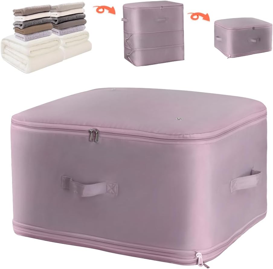 Ultra Space Saving Self Compression Storage Bags with Zipper, (pink) -Compression Organize for Bedding, Comforter Storage Bag for Blankets Duvet Quilts Pillows