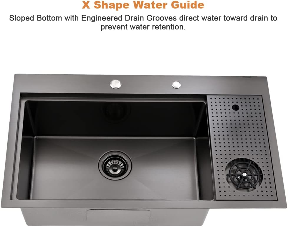 33 Inch Black Drop In Kitchen Sink with Glass Rinser-Bokaiya 33x19 Drop In Sink Stainless Steel Ledge Workstation 16 Gauge Single Bowl Deep Kitchen Sinks with Cup Washer
