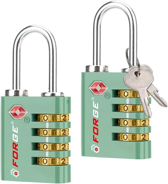 Forge Dual-Opening: Key or Combination Access Lock, TSA Approved Locks for Luggage, Pelican case, Travel, Gym, School, Stainless Steel Shackle. (Green, 2 Pk)