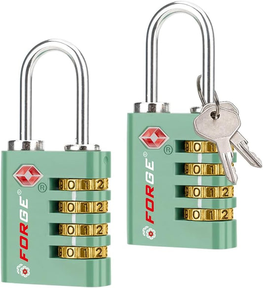 Forge Dual-Opening: Key or Combination Access Lock, TSA Approved Locks for Luggage, Pelican case, Travel, Gym, School, Stainless Steel Shackle. (Green, 2 Pk)
