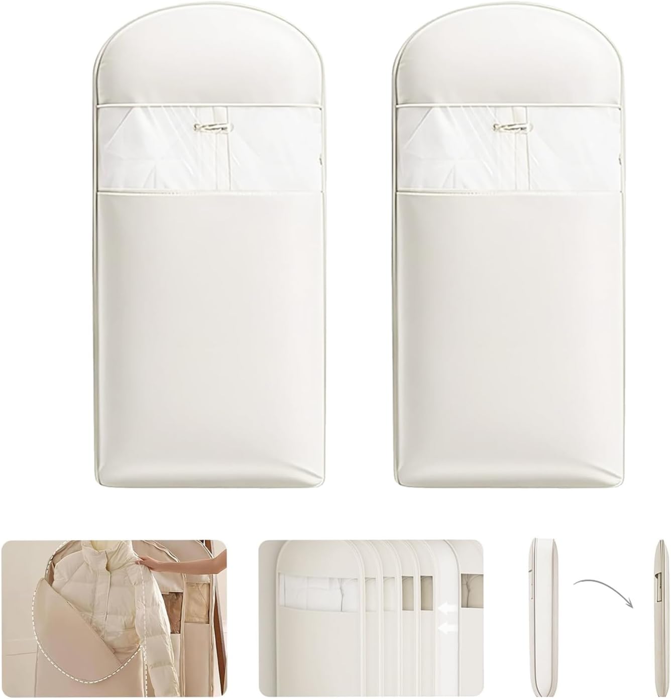 2 Pack Space Saving Garment Bag with Self Compression Zipper, Garment Bags for Hanging Clothes, Compression Bags for Storage, Hanging Garment Bag for Coats and Down Jackets (M, Beige)