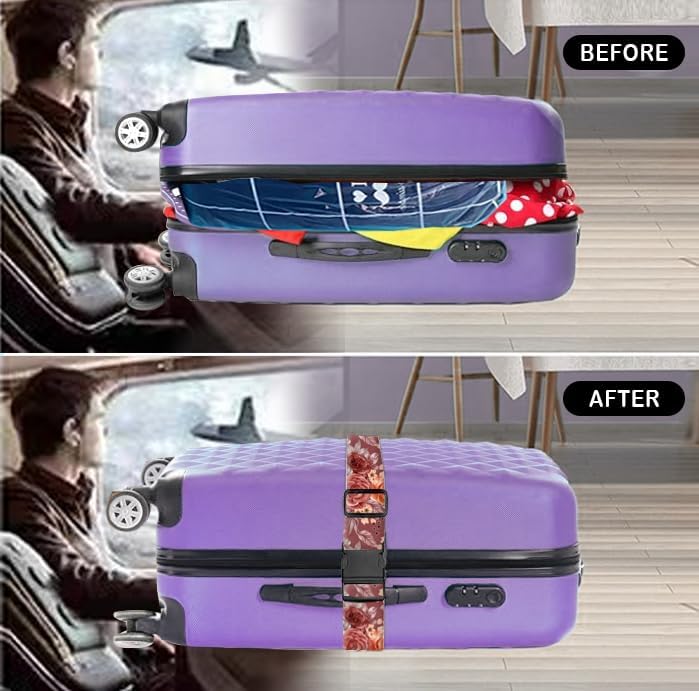 Luggage Straps for Suitcases Travel Belt Accessories, Cute Suitcase Strap, Adjustable Luggage Belt Strap, Heavy Duty with Quick-Release Buckle Luggage Strap Luxury Red Flowers