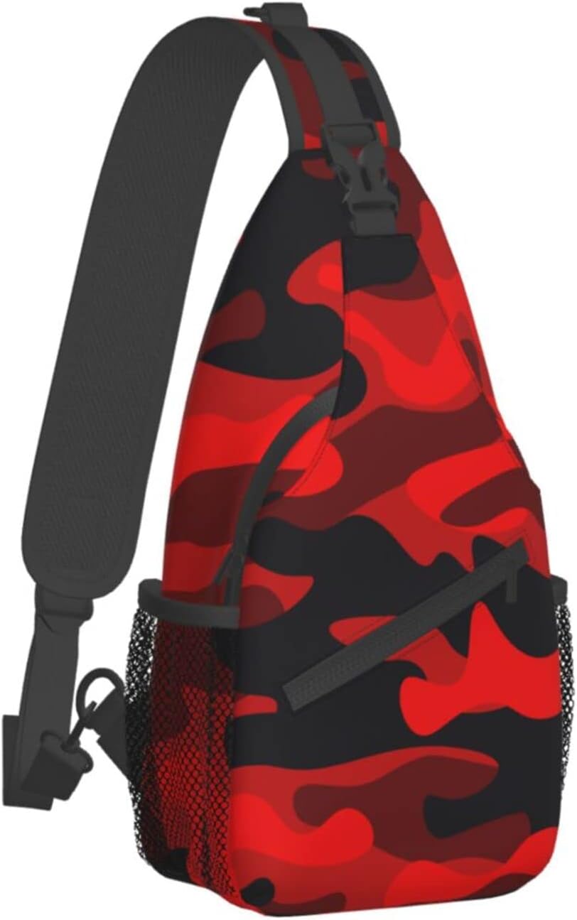 SUPLUCHOM Sling Bag Military Camouflake Camo Red Black Hiking Daypack Crossbody Shoulder Backpack Travel Chest Pack for Men Women Over 12 Years Old