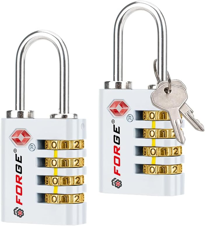 Forge Dual-Opening: Key or Combination Access Lock, TSA Approved Locks for Luggage, Pelican case, Travel, Gym, School, Stainless Steel Shackle. (White, 2 Pk)
