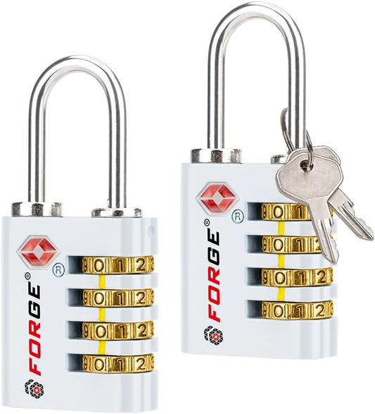 Forge Dual-Opening: Key or Combination Access Lock, TSA Approved Locks for Luggage, Pelican case, Travel, Gym, School, Stainless Steel Shackle. (White, 2 Pk)
