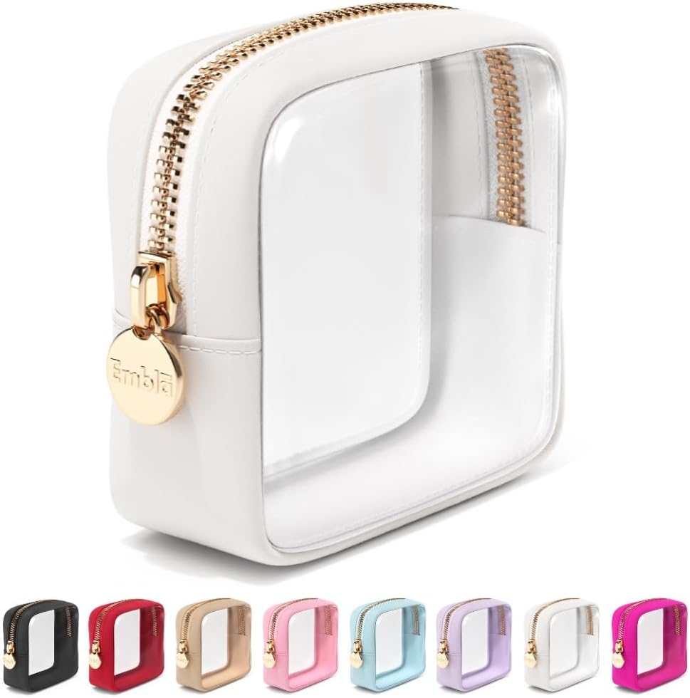 Clear Makeup Bag Zipper Pouch, Transparent Cosmetic Case Organizer, TSA Approved Travel Toiletry Case, Travel Accessories Essentials Makeup Tote for Women, Mini Cute Make up Bag for Purse - White