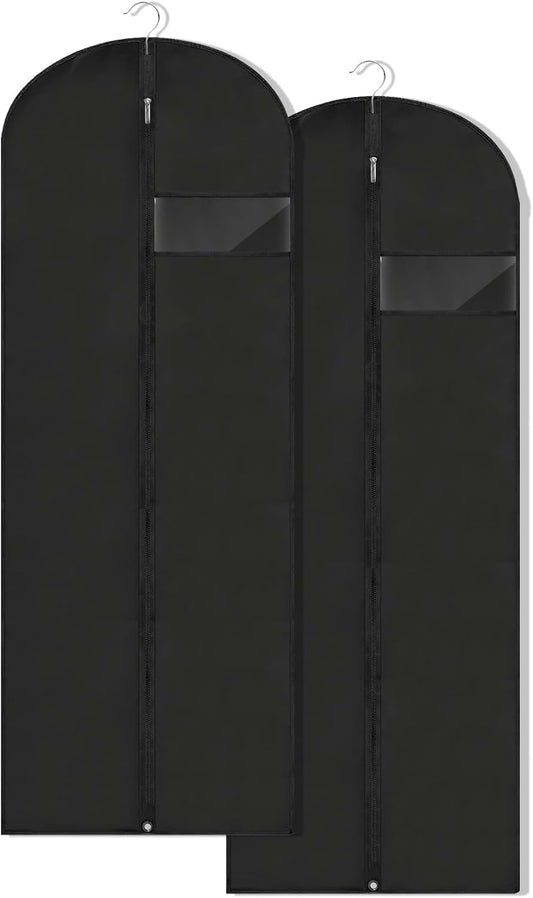 Dress Bags for Gowns Long, 65'' Garment Bags for Hanging Clothes, Suit Bag Cover for Storage and Travel, 2 Pack (Black)