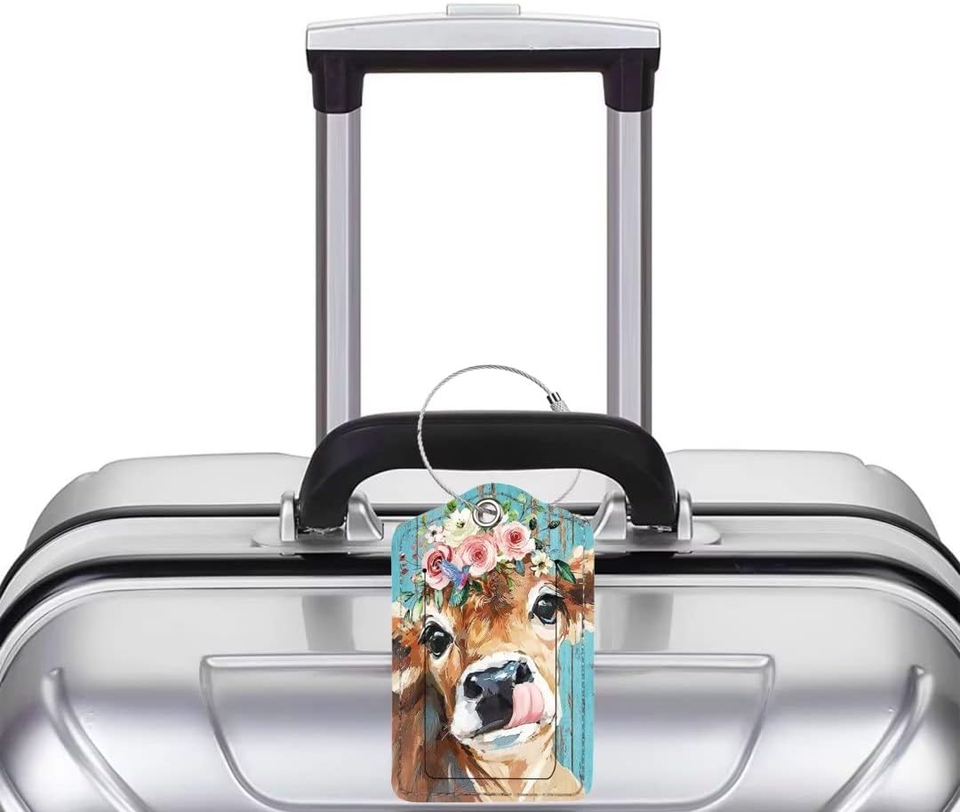 2 Pack Luggage Tag for Suitcase, Cute Unique Leather Bag Tags Identifiers Privacy Cover ID Label with Durable Steel Loop for Women Men Kids Girls Travel, Cattle