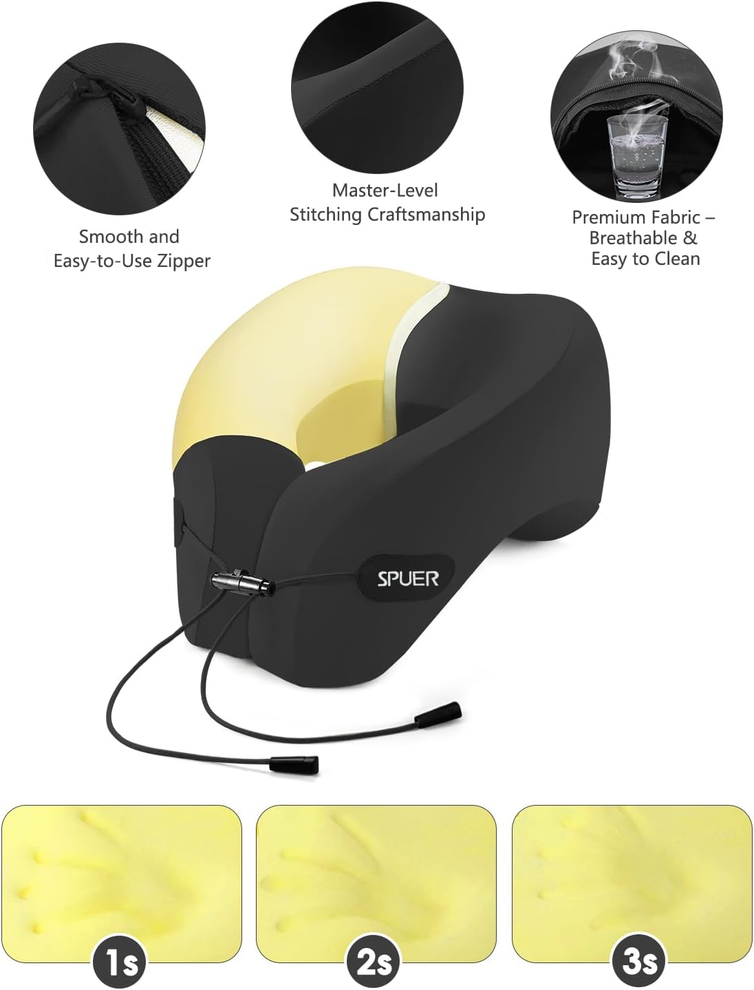 Travel Pillow – Neck Pillow Airplane, Travel Pillows for Airplanes, Airplane Travel Accessories with Eye Mask, Earplugs, Ergonomic Memory Foam Neck Pillow for Sleeping, Flights, Cars, Office (Black)