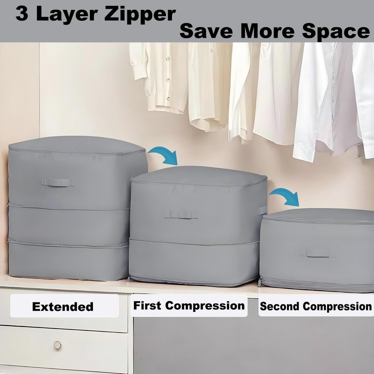 Ultra Space Saving Self Compression Organizer, 2025 New 3-Layer Zipper Large Capacity Storage Bag, Thick Satin Fabric Heavy Duty Bags for Comforters Blankets Bedding Duvet (Gray, X-Large, 2PC)