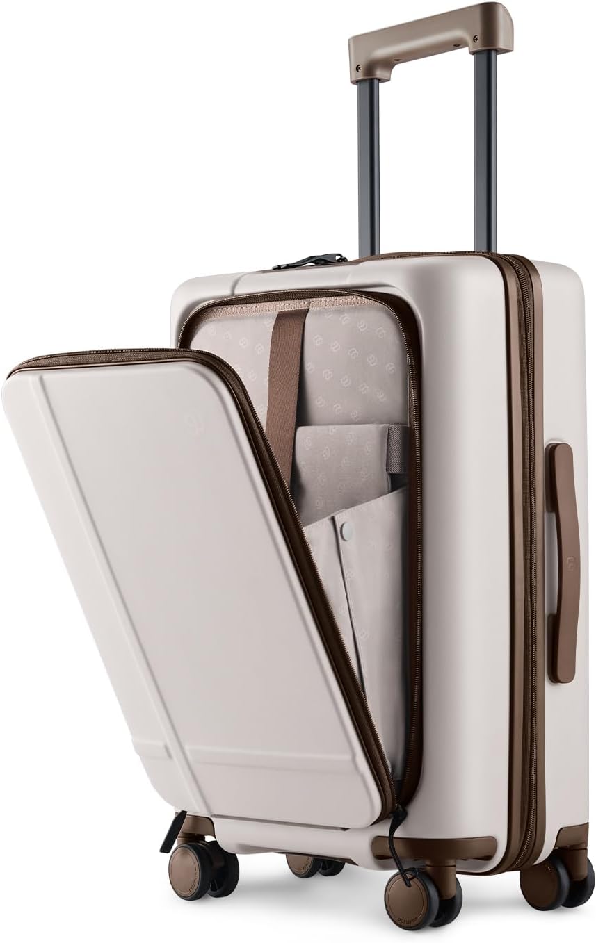 NINETYGO Carry On Luggage 22x14x9 Airline Approved, 20 Inch Suitcase with Front Compartment & Cup Holder, Coffee-Infused PC Hard Shell, Eco-Friendly, TSA Lock, 360° Spinner Wheels (Oats White)