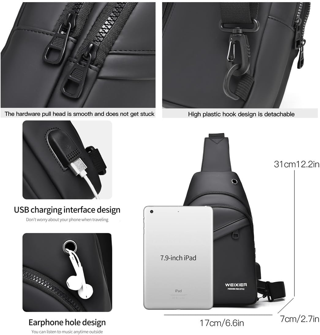 Waterproof Sling Bags Mens Shoulder Crossbody Backpack with USB Charging Port& Headphone,Outdoor Lightweight Bag