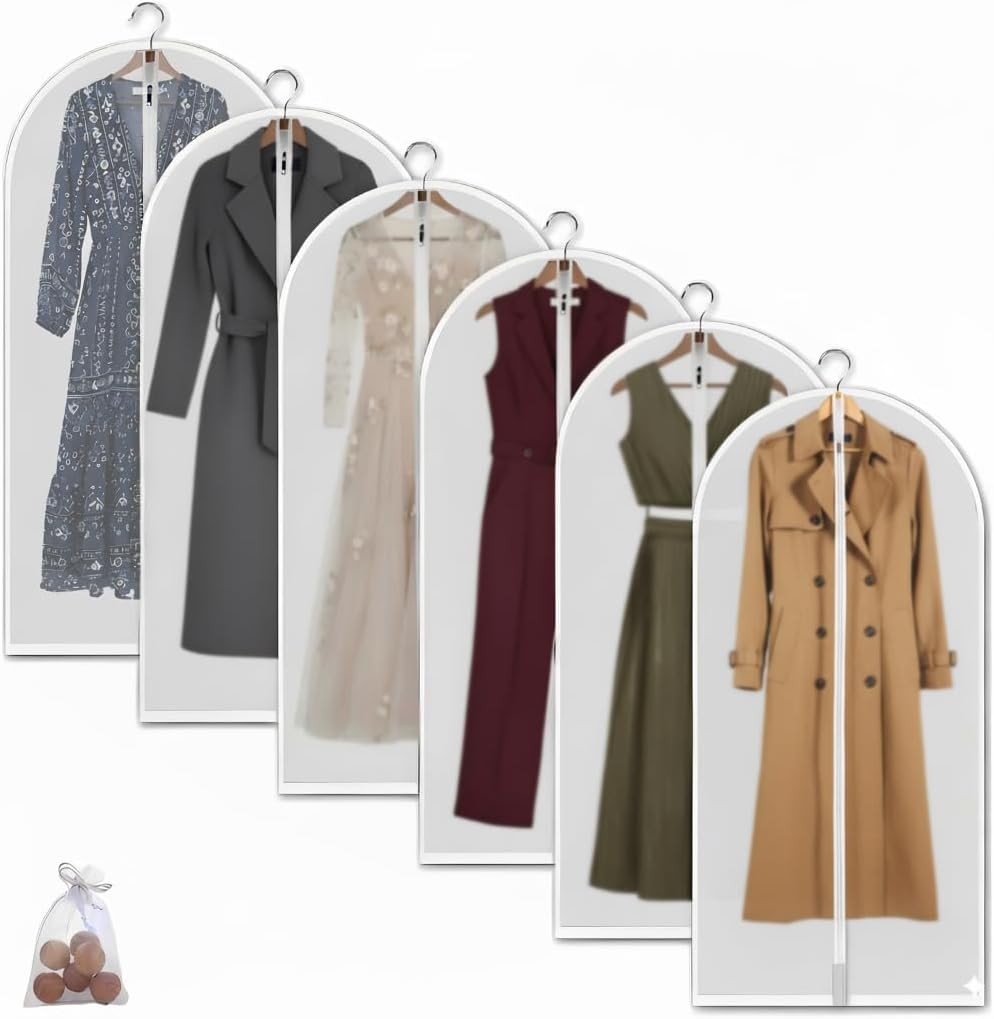 Clear Garment Bags Hanging Clothes Bags (Set of 6) for Closet Storage Plastic Bag with Zipper for Extra Longer Dress Wardrobe Closet Garment Dust Cover Bags - 24'' x 60''/6 Pack