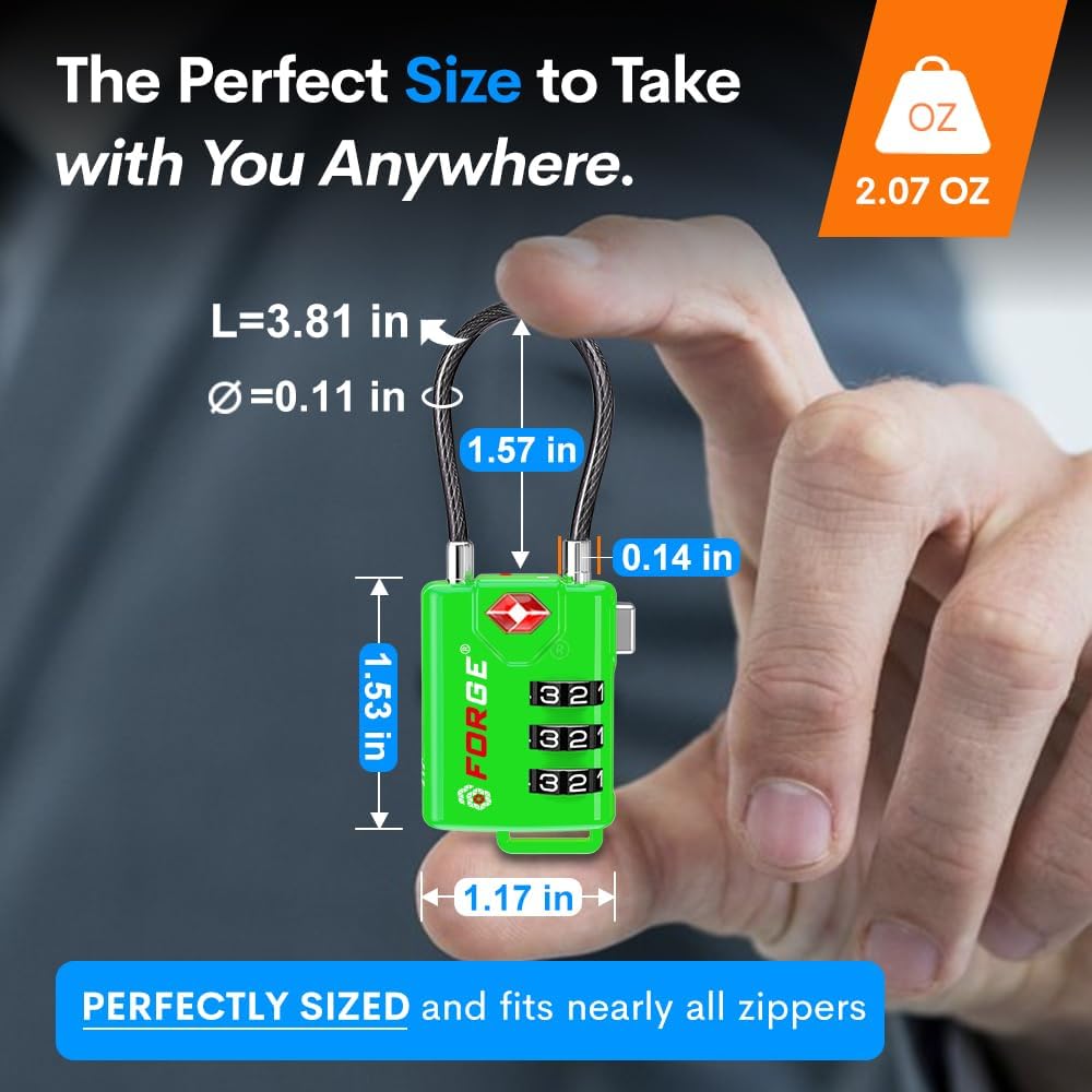 TSA Approved Cable Luggage Locks, Re-settable Combination with Alloy Body (Green 4 Locks)