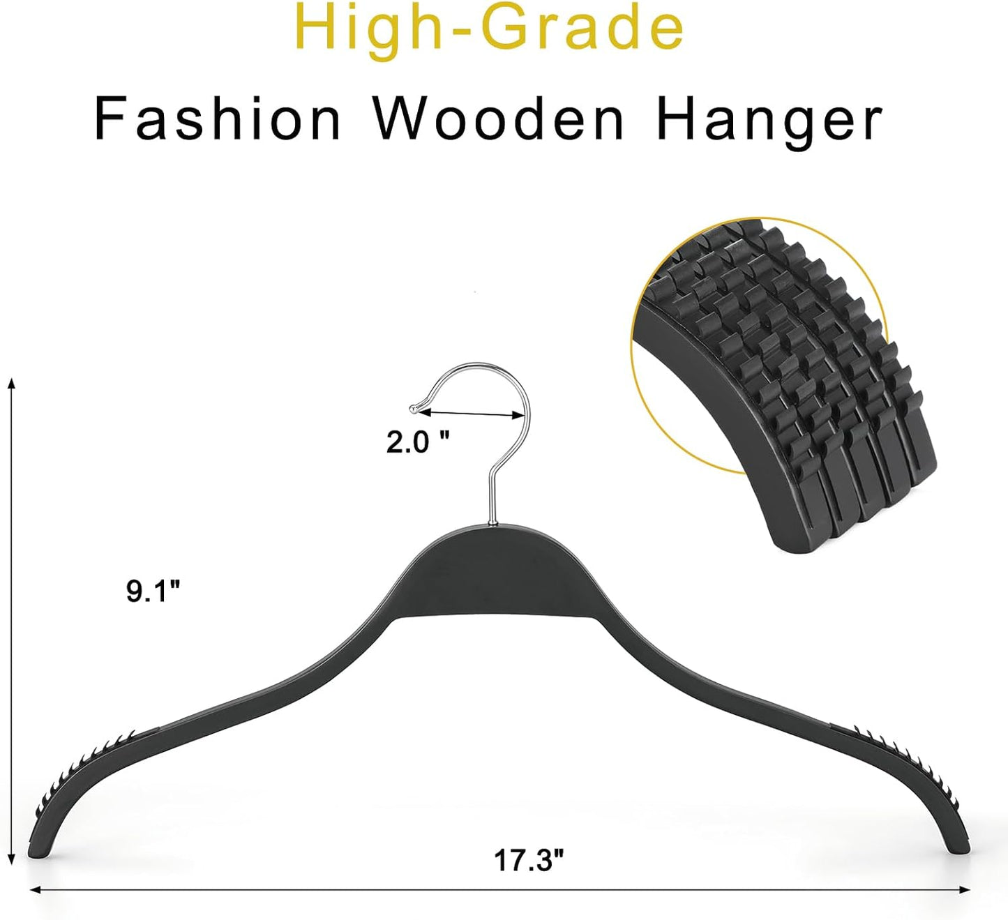 TOPIA HANGER Slim Wooden Hangers with Extra Soft Non-Slip Rubber Grips, 30-Pack High-Grade Fashion Hanger No Shoulder Bump for Sweater, Camisole, Jacket, Dress, Coat (Black)-CT15B30