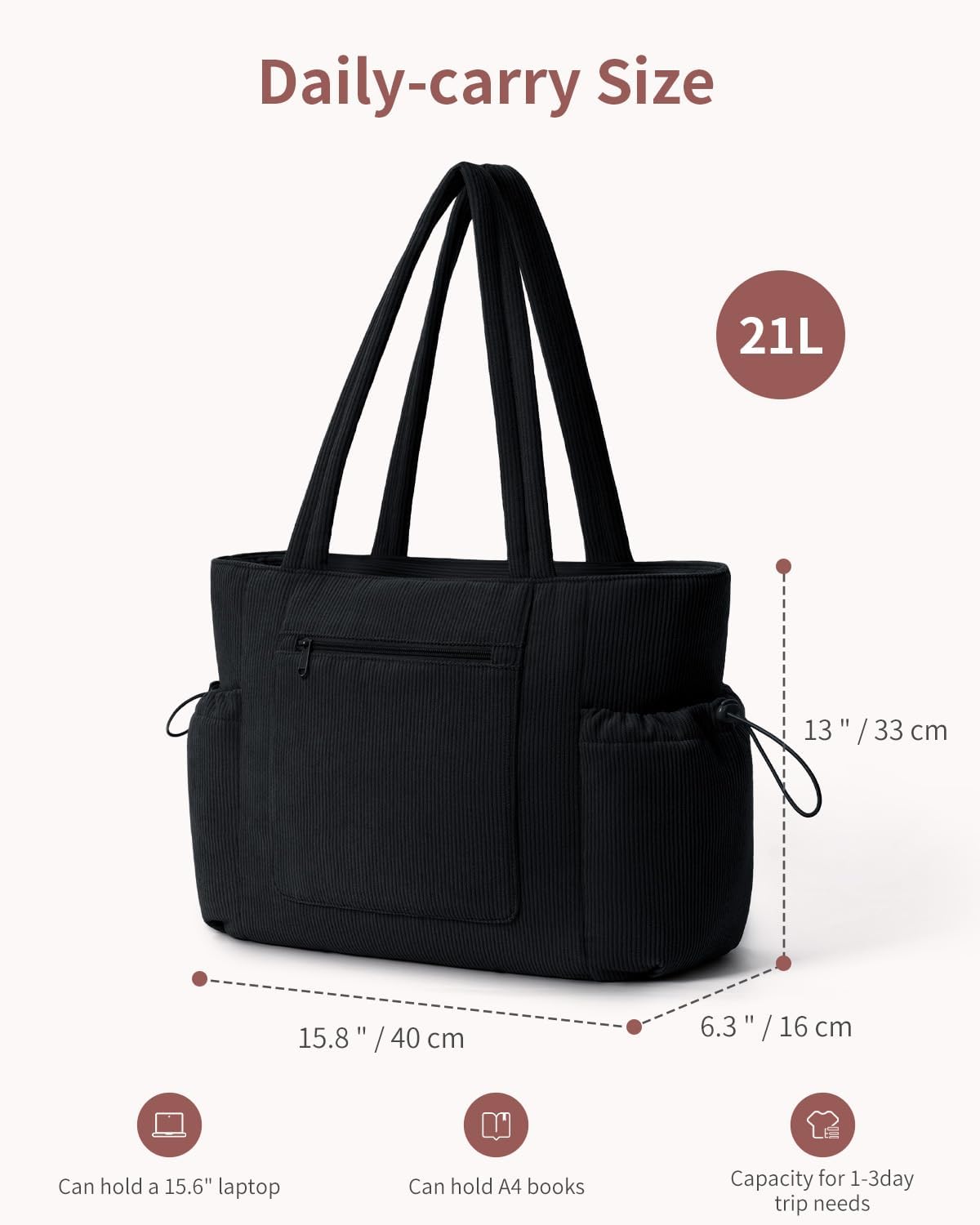 ECOHUB Tote Bag for Women, Work Tote Bags with Laptop Compartment, Large Corduroy Tote Bag with Stanley Cup Holder