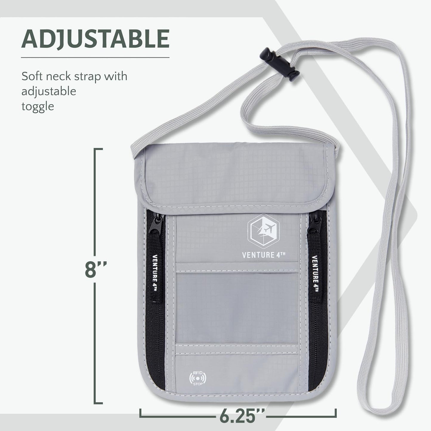 VENTURE 4TH Passport Holder Neck Wallet with RFID Blocking Nylon Lining - Hidden Neck Pouch for Travel (Silver)