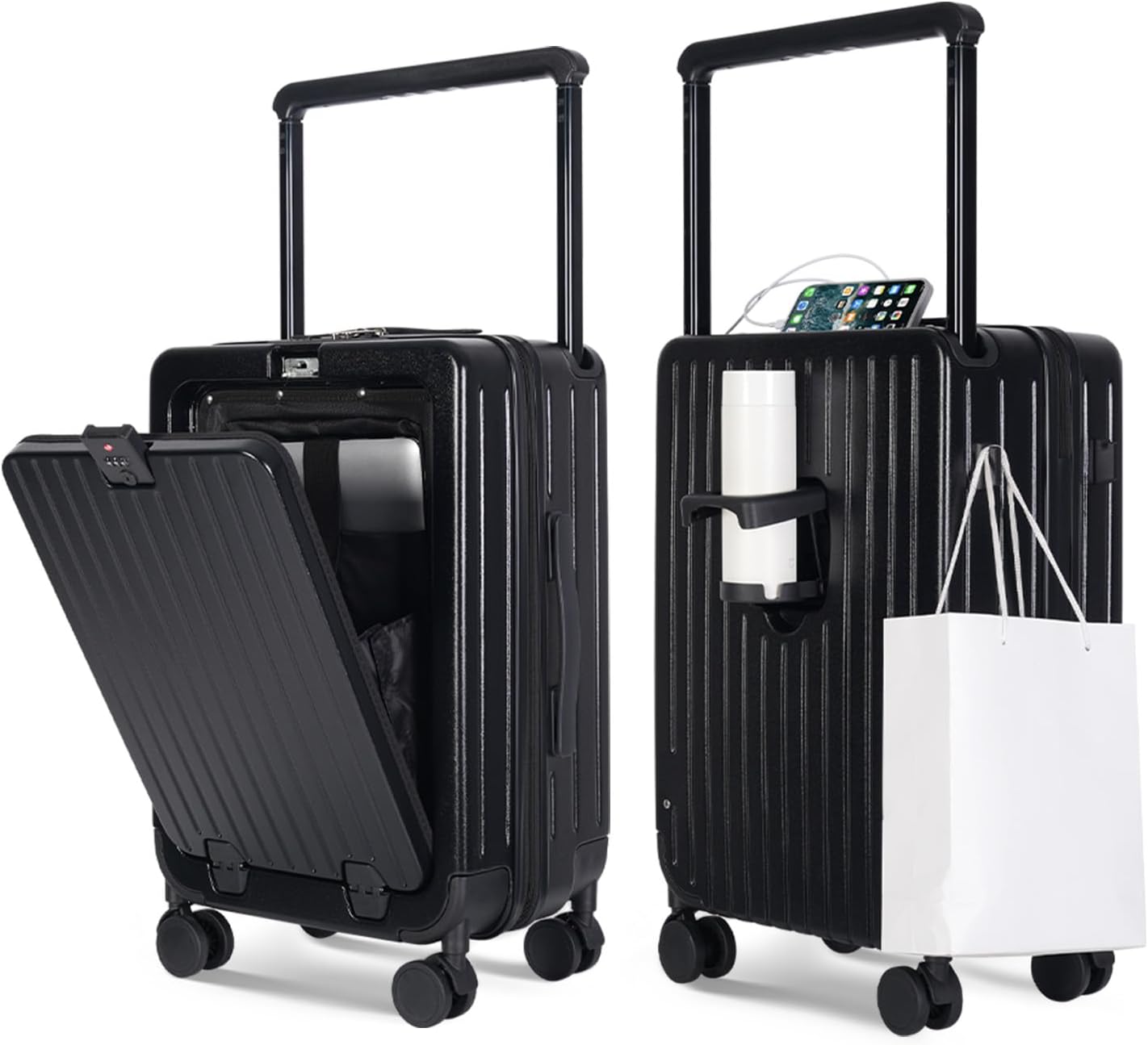 SOKOK Front Pocket Luggage Carry On with Spinner Wheels, Wide Handle Travel Suitcase PC Hardshell Durable Rolling Luggage for Business Trip with Charging Port and Cup Holder, Black